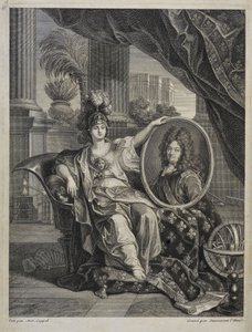 Lodewijk XIV (1638-1715), Koning van Frankrijk, Beschermer van de Wetenschappen - gravure door Antoine Coypel in 
