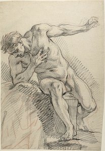 Schets van een Mannelijke Naakte Leunend op Rechter Elleboog (recto) door Charles Antoine Coypel