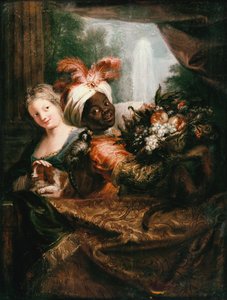 Jonge Zwarte Man met een Mand met Fruit en een Jong Meisje dat een Hond Aait door Charles Antoine Coypel