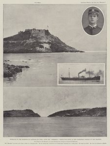 Ingang van de haven van Santiago de Cuba; met de Merrimac die op het smalste deel van het kanaal werd gezonken