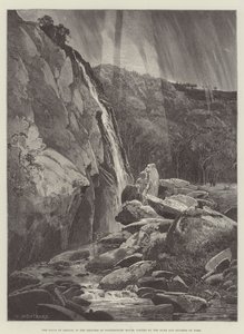 De watervallen van Dargle, in de tuinen van Powerscourt House, bezocht door de hertog en hertogin van York