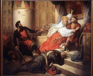 De moeder (Nathalie Narychkine) redt Peter I van Rusland (Peter de Grote) als kind tijdens de Streltsy-opstand van 1682, schilderij van Ivan Makarov (1822-1897), olie op doek door Charles Auguste Steuben