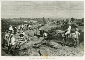 Het leggen van de transcaspische rails. Gravure door Ch. Barbant ter illustratie van het verhaal Voyage a Merv, door Edgar Boulanger, in le tour du monde 1887, onder leiding van Edouard Charton (1807-1890), Hachette, Parijs door Charles Barbant
