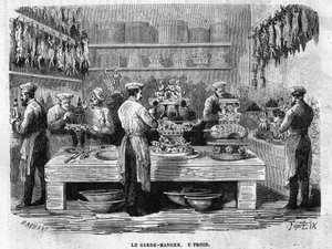 De koude wacht van de keukens van het Palais des Tuileries in 1864 tijdens een receptie onder het Tweede Keizerrijk. Brandgravure. door Charles Barbant