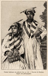 Vrouwen die in goudmijnen wonen, mineraalafzettingen. Gravure door Barbant ter illustratie van het verhaal "chez nos indiens, quatre années de voyage dans la Guiane française" door Charles Barbant