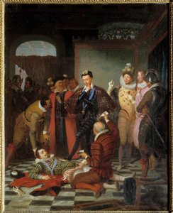 Hendrik III koning van Frankrijk duwt het lichaam van Hendrik I van Lotharingen, hertog van Guise, na zijn moord in het kasteel van Blois door Charles Barthelemy Durupt