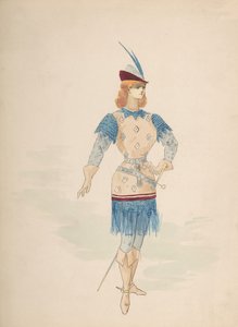 Kostuumontwerp voor een ridder in blauw en bordeauxrood met gevederde hoed en zwaard, n.d.