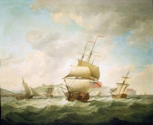 Handelsschip en een koninklijk jacht in de wind, voor de kust van Dover (Engeland) door Charles Brooking