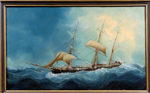 Een driemaster zeilschip in vlucht Schilderij door Charles Cheri Dubreuil (Cheri-Dubreuil) (1828-1880) 1865 - Fecamp. Musee Des Terre Neuvas - Een driemaster schip op de vlucht. Schilderij door Charles Dubreuil (19e eeuw) door Charles Cheri Dubreuil