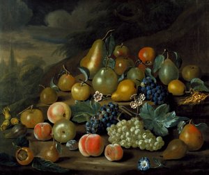 Een stilleven van peren, perziken en druiven