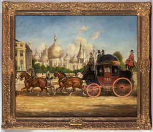 De London-Brighton postkoets voor het Royal Pavilion, Brighton