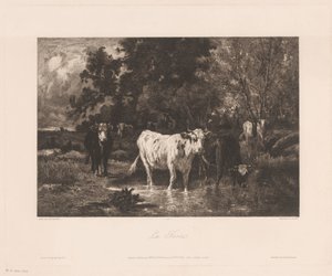 Landschap met koeien aan de rand van een bos door Charles Courtry