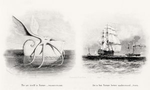 Een reuzeninktvis en twee schepen op zee, gegraveerd door George Cooke (1781-1834)