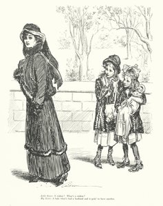 Kleine zus: Een weduwe? Wat is een weduwe? Grote zus: Een dame die een man heeft gehad en een andere gaat krijgen door Charles Dana Gibson