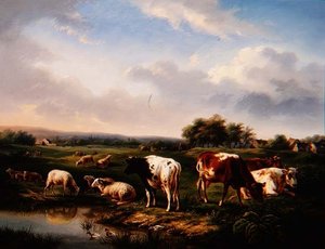 Vee en Schapen in een Landschap