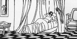Melisande bezoekt Golaud, die in bed ligt na een val van zijn paard, houtsnede door Charles Doudelet voor Pelleas en Melisande door Maurice Maeterlinck, uitgegeven door Claudio Argentieri, Spoleto, Italië door Charles Doudelet