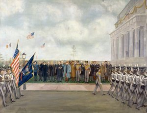 Maarschalk Joffre op missie naar Washington inspecteert studenten van West Point, lente 1917, door Charles Edmund Brock (1870-1938), Eerste Wereldoorlog, de Verenigde Staten, 20e eeuw
