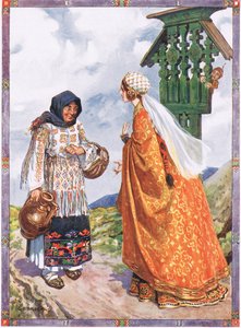 De prinses... vroeg haar om de boerenkleding te ruilen voor haar koninklijke gewaden, scène uit Geluk en ongeluk in Kinderverhalen uit Roemeense legenden door Moses Gaster (1856-1939) 1921