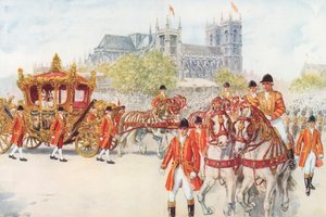 De kroningskoets draait de Embankment op (kleur litho)