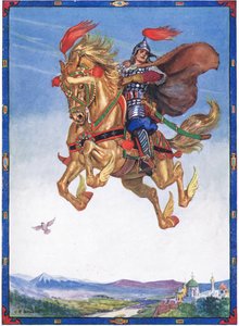Het paard vloog door de lucht, scène uit De ridder van de bloemen in Kinderverhalen uit Roemeense legenden door Moses Gaster (1856-1939) 1921