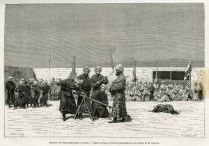 Oefeningen met het manipuleren van Taifourchi-bulwarkgeweren, troepen bewapend en getraind door het Chinese leger, tekening door Delort, ter illustratie van de herinneringen van een Engelse ambassade in Kachgar (of Kashi, China) in 1873-74, door de heren C door Charles Edouard Delort