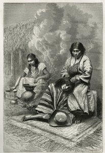 Het verwennen van een kind door zijn moeder en de productie van riet eau de vie (rum), nabij Cali (Cauca Valley, Colombia), gravure door Ch. Delort, ter illustratie van het verhaal van Equinoxiale Amerika door E. Andre, een missieopdracht door de Franse re door Charles Edouard Delort