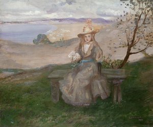 Meisje met een boeket boven Swanage Bay, 1899 door Charles Edward Conder