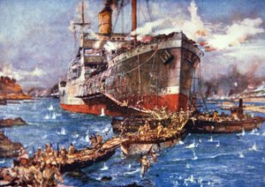 Britse troepen van de River Clyde landen op V Beach, Gallipoli, 25 april 1915 door Charles Edward Dixon