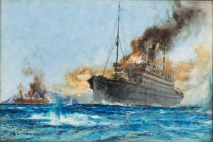 Carmania zinkt Cap Trafalgar bij Trinidade in de Zuid-Atlantische Oceaan door Charles Edward Dixon