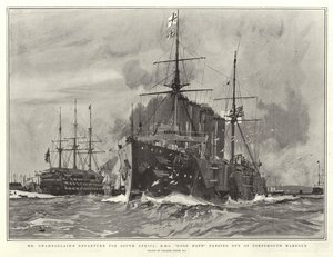 Vertrek van Mr Chamberlain naar Zuid-Afrika, H M S Good Hope verlaat de haven van Portsmouth