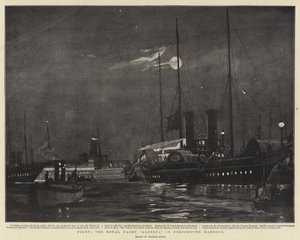 Nacht, het koninklijke jacht Alberta in de haven van Portsmouth