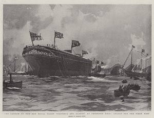 De Lancering van het Nieuwe Koninklijke Jacht Victoria en Albert bij Pembroke Dock, voor het Eerst te Water door Charles Edward Dixon