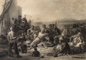 Scène aan de kust van Afrika: slaven en slavendrijvers wachten op transport naar het buitenland
