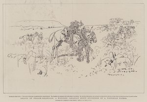Geholpen door mede-kolonialen, een gewonde Canadese verkenner geholpen door een Victoriaanse patrouille door Charles Edwin Fripp