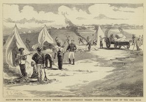 Schetsen uit Zuid-Afrika, Hottentot troepen slaan hun kamp op in de Peri Bush door Charles Edwin Fripp
