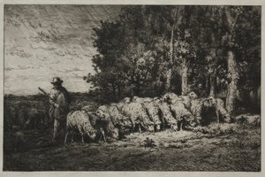 Een kudde aan de rand van een bos door Charles Emile Jacque