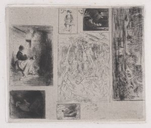 Composietplaat: Vrouw en kinderen a, Oude muzikant b, Bakker c, Landschap ..., 1843