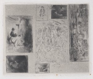 Samengestelde plaat: Vrouw en kinderen a, Oude muzikant b, Bakker c, Landschap ..., 1843