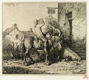 Ingang van een herberg, met drinkende boer door Charles Emile Jacque