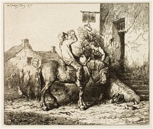 Ingang van een herberg, met drinkende boer door Charles Emile Jacque