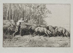 Kudde Varkens Verlaat een Bos door Charles Emile Jacque