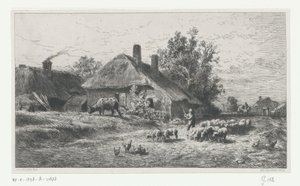 Herder met kudde op een weg langs een boerderij door Charles Emile Jacque