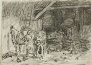 Interieur van een smederij (recto); Man voorovergebogen, gezien vanaf Read (verso) door Charles Emile Jacque