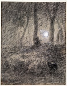 Kudde schapen bij maanlicht door Charles Emile Jacque