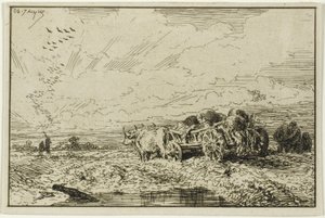 Landschap met door ossen getrokken wagen
