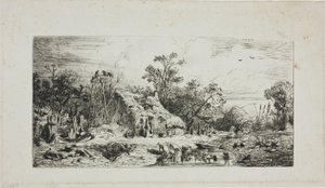 Landschap met Rieten Huisjes door Charles Emile Jacque