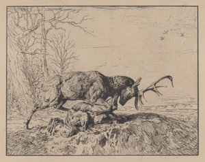 Hert vecht met een wolf, naar Antoine Louis Barye, 1846 door Charles Emile Jacque