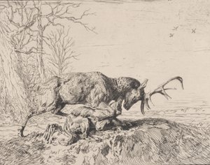 Hert vecht met een Wolf, naar Antoine Louis Barye door Charles Emile Jacque
