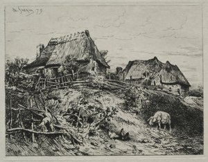 Twee Huisjes op een Oever door Charles Emile Jacque