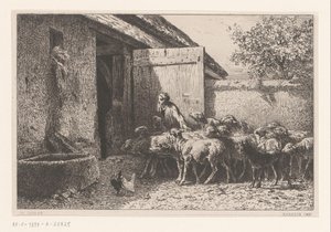 Vrouw die schapen naar de stal leidt door Charles Emile Jacque